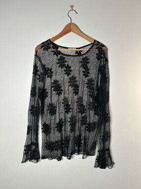 Sheer Floral Mesh Long-Sleeve Top whimsigoth flared sleeve- Black no tags